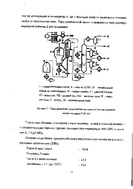 Г азы и пары бензина, отделяются с верха колонны, легкий и тяжелый газойль -с соответствующих тарелок. Процесс протекает при температуре 490-530°С и давлении 0,15-0,20 МПа.
