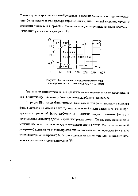 Сгорание ТВС может быть условно разделено на три фазы: первая - начальная фаза, в которой небольшой очаг горения, возникший в зоне электродов свечи, превращается в развитый фронт турбулентного пламени; вторая - основная фаза распространения пламени; третья - фаза догорания смеси. Первая фаза начинается с момента искрового разряда между электродами свечи ( точка «а» на индикаторной диаграмме) и длится до «точки отрыва» линии сгорания от линии сжатия (точка «б» на индикаторной диаграмме) Б, т.е. до момента начала ощутимого повышения давления в результате сгорания (рисунок 19).