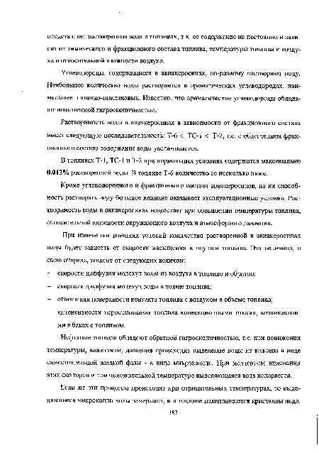 Углеводороды, содержащиеся в авиакеросинах, по-разному растворяют воду. Наибольшее количество воды растворяется в ароматических углеводородах, наименьшее в алкано-циклановых. Известно, что ароматические углеводороды обладают повышенной гигроскопичностью.