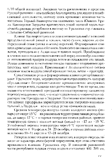 Существенную роль в формировании климата республики играют Уральские горы, меридиональная направленность которых обуславливает беспрепятственное проникновение воздушных масс с севера и юга, создавая контрасты погоды. В то же время, они являются естественной преградой господствующему западному переносу воздушных масс, что ведет к различию климатических характеристик Предуралья и Зауралья. По степени континентально-сти климат Предуралья характеризуется как умеренно континентальный, а Зауралья - почти всюду резко континентальный.