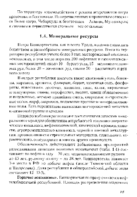 Недра республики располагают достаточными запасами минерального сырья для обеспечения потребностей топливно-энергетического комплекса, нефтехимической, химической промышленности, агропромышленного комплекса, черной и цветной металлургии, промышленности строительных материалов, стекольного, керамического, огнеупорного и многих других производств.