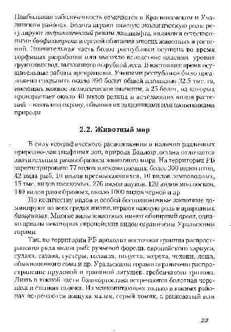 В силу географического расположения и наличия различных природно-ландшафтных зон, природа Башкортостана отличается значительным разнообразием животного мира. На территории РБ зарегистрировано 77 видов млекопитающих, более 300 видов птиц, 42 вида рыб, 10 видов пресмыкающихся, 10 видов земноводных, 15 тыс. видов насекомых, 276 видов пауков, 120 видов моллюсков, 140 видов ракообразных, около 1000 видов червей и др.