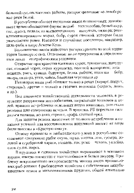 Основу промысла и любительского улова в республике составляют следующие рыбы: окунь, щука, плотва, лещ, густера, золотой и серебряный караси, голавль, язь; реже - чехонь, уклейка, елец, судак, жерех.