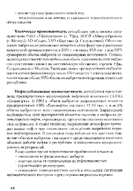 Химическая промышленность республики представлена предприятиями ОАО «Уфахимпром» (г. Уфа), АООТ «Минудобрения» (г. Мелеуз), АО «Сода», ЗАО «Каустик» (г. Стерлитамак). Объем валовых выбросов загрязняющих веществ в атмосферу предприятиями химической промышленности в 2001 г. составил 49,8 тыс. т или 9,8% суммарного объема выбросов от стационарных источников. Однако, несмотря на относительно небольшой объем, токсичность этих выбросов существенно влияет на экологическую обстановку городов Уфы, Стерлитамака и Мелеуза. Ежегодно этими предприятиями выбрасывается в атмосферный воздух около 430 т веществ 1 класса опасности, что составляет более 95% объема их выбросов всей промышленностью республики.