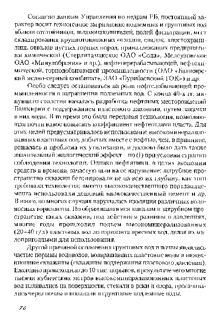 Другой причиной осолонения грунтовых вод и почвы являлись частые порывы водоводов, возвращавших пластовые воды в инжек-ционные скважины (скважины поддержания пластового давления). Ежегодно происходило до 10 тыс. порывов, в результате чего многие тысячи кубических метров высокоминерализованных пластовых вод изливались на поверхности, стекали в реки и озера, просачивались через почвы и попадали в грунтовые подземные воды.