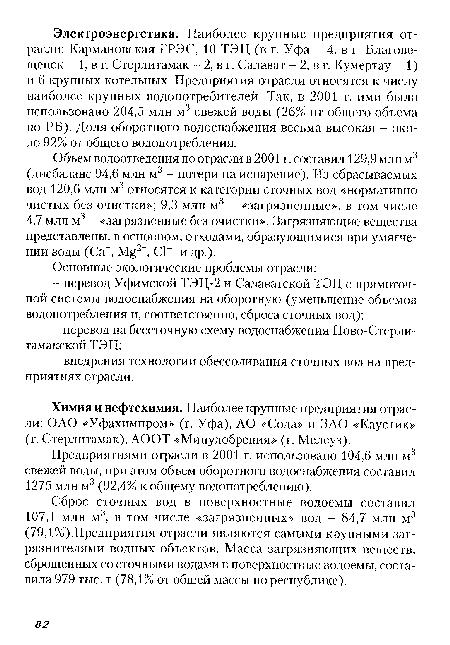 Предприятиями отрасли в 2001 г. использовано 104,6 млн м3 свежей воды, при этом объем оборотного водоснабжения составил 1275 млн м3 (92,4% к общему водопотреблению).