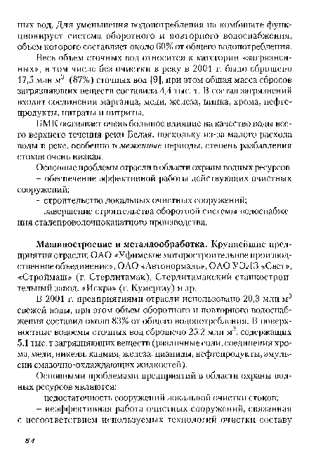 Машиностроение и металлообработка. Крупнейшие предприятия отрасли: ОАО «Уфимское моторостроительное производственное объединение», ОАО «Автонормаль», ОАО УЭЛЗ «Свет», «Строймаш» (г. Стерлитамак), Стерлитамакский станкостроительный завод, «Искра» (г. Кумертау) и др.