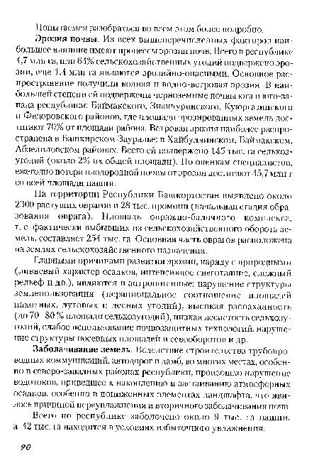 Главными причинами развития эрозии, наряду с природными (ливневый характер осадков, интенсивное снеготаяние, сложный рельеф и др.), являются и антропогенные: нарушение структуры землепользования (нерациональное соотношение площадей пахотных, луговых и лесных угодий), высокая расиаханность (до 70-80 % площади сельхозугодий), низкая лесистость сельхозугодий, слабое использование почвозащитных технологий, нарушение структуры посевных площадей и севооборотов и др.