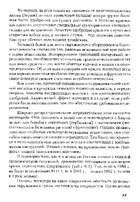 Большой бедой для всего окружающего оборачивается безответственность специалистов, рядовых исполнителей при работе с этими веществами. Игнорирование требований инструкций, передозировка, несоблюдение технологии, сроков использования тех или иных средств - это почти обычная картина в наших сельхозпредприятиях. Об этом много говорить нет нужды, поскольку всем нам хорошо известная проблема нитратов в овощах и фруктах есть самое непосредственное следствие подобного отношения.