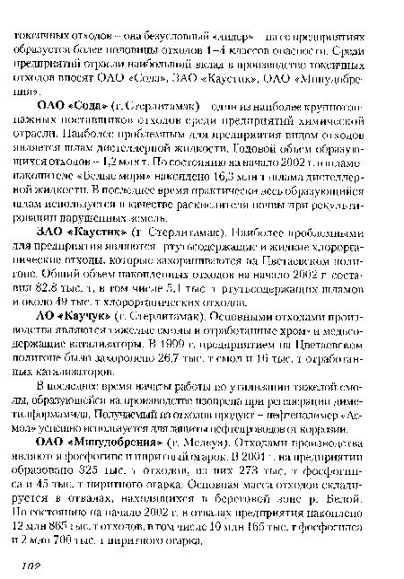 ОАО «Сода» (г. Стерлитамак) - один из наиболее крупнотоннажных поставщиков отходов среди предприятий химической отрасли. Наиболее проблемным для предприятия видом отходов является шлам дистеллерной жидкости. Годовой объем образующихся отходов -1,2 млн т. По состоянию на начало 2002 г. в шламо-накопителе «Белые моря» накоплено 16,3 млн т шлама дистеллерной жидкости. В последнее время практически весь образующийся шлам используется в качестве раскислителя почвы при рекульти-ровации нарушенных земель.