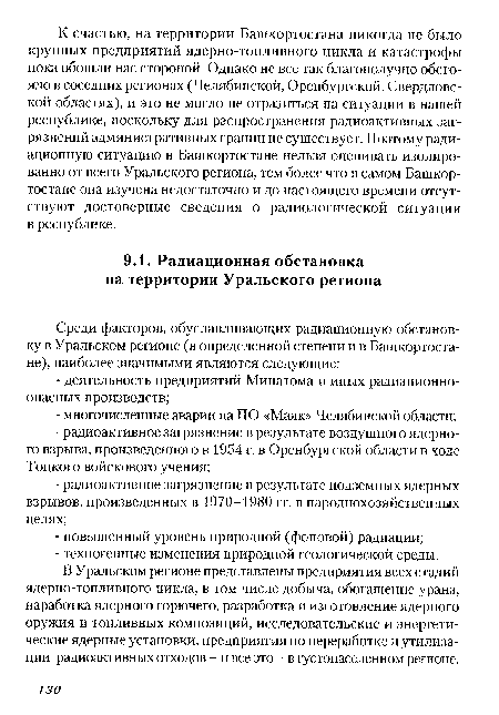 В Уральском регионе представлены предприятия всех стадий ядерно-топливного цикла, в том числе добыча, обогащение урана, наработка ядерного горючего, разработка и изготовление ядерного оружия и топливных композиций, исследовательские и энергетические ядерные установки, предприятия по переработке и утилизации радиоактивных отходов - и все это - в густонаселенном регионе.