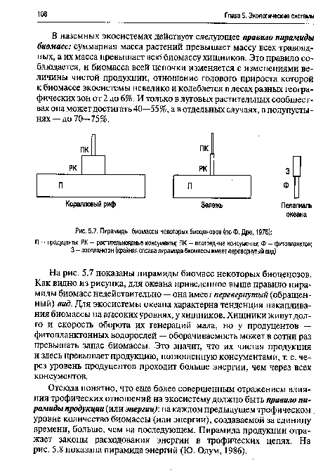 Пирамиды биомассы некоторых биоценозов (по Ф. Дре, 1976)