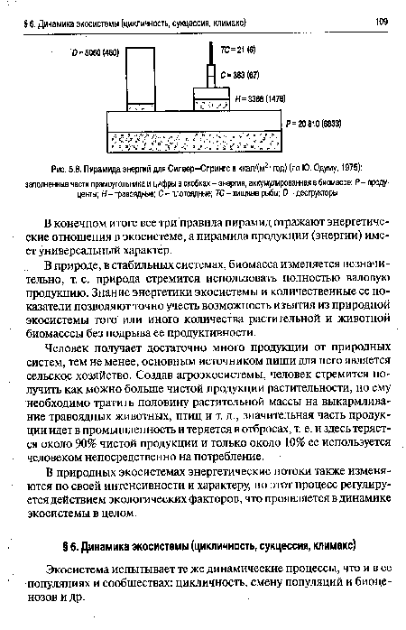 Человек получает достаточно много продукции от природных систем, тем не менее, основным источником пищи для него является сельское хозяйство. Создав агроэкосистемы, человек стремится получить как можно больше чистой продукции растительности, но ему необходимо тратить половину растительной массы на выкармливание травоядных животных, птиц и т. д., значительная часть продукции идет в промышленность и теряется в отбросах, т. е. и здесь теряется около 90% чистой продукции и только около 10% ее используется человеком непосредственно на потребление.