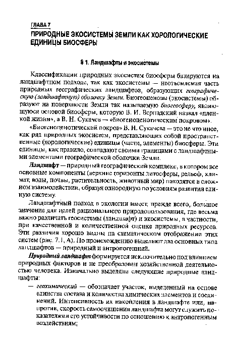 Ландшафтный подход в экологии имеет, прежде всего, большое значение для целей рационального природопользования, где весьма важно различать геосистемы (ландшафт) и экосистемы, в частности, при качественной и количественной оценке природных ресурсов. Эти различия хорошо видны на схематическом отображении этих систем (рис. 1Л, А). По происхождению выделяют два основных типа ландшафтов — природный и антропогенный.