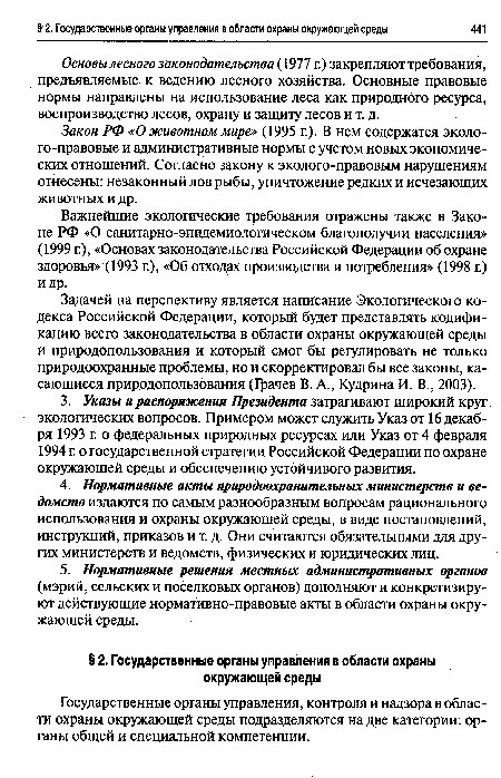 Важнейшие экологические требования отражены также в Законе РФ «О санитарно-эпидемиологическом благополучии населения» (1999 г.), «Основах законодательства Российской Федерации об охране здоровья» (1993 г.), «Об отходах производства и потребления» (1998 г.) и др.