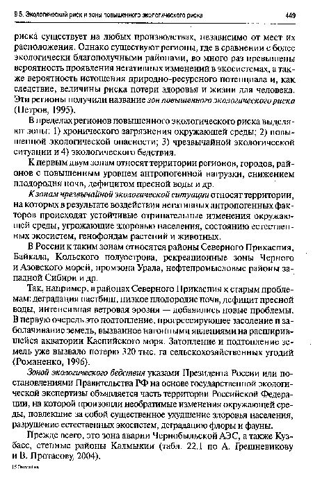 В России к таким зонам относятся районы Северного Прикаспия, Байкала, Кольского полуострова, рекреационные зоны Черного и Азовского морей, промзона Урала, нефтепромысловые районы западной Сибири и др.