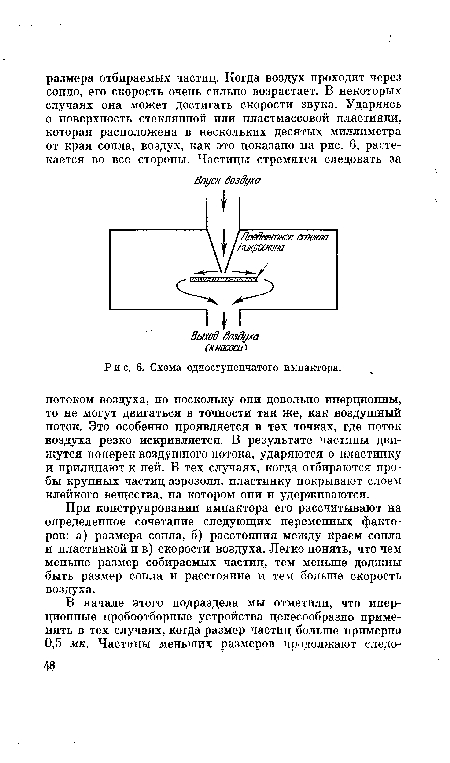 При конструировании импактора его рассчитывают на определенное сочетание следующих переменных факторов: а) размера сопла, б) расстояния между краем сопла и пластинкой и в) скорости воздуха. Легко понять, что чем меньше размер собираемых частиц, тем меньше должны быть размер сопла и расстояние и тем больше скорость воздуха.