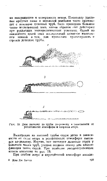 Выходящая из высокой трубы струя дыма в зависимости от силы ветра и устойчивости атмосферы выглядит по-разному. Изучив, как выглядят дымовые струи у большого числа труб, ученые создали основу для классификации таких струй. Три наиболее распространенных класса показаны на рис. 19.