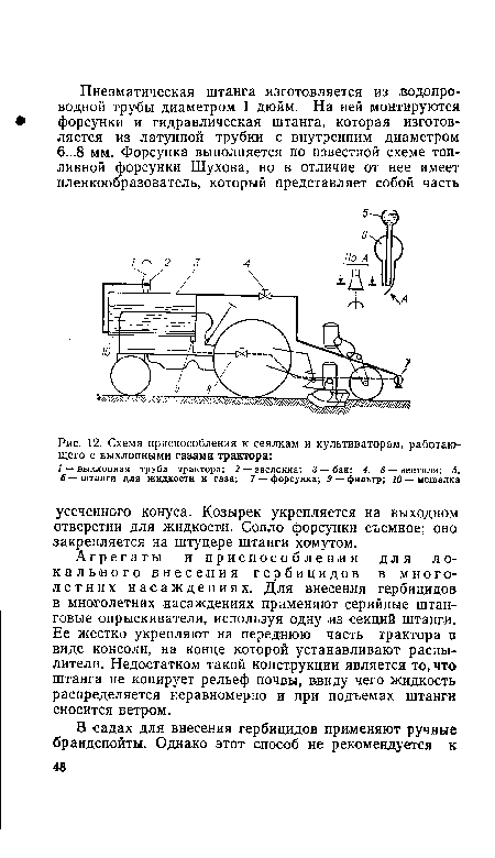 Схема приспособления к сеялкам и культиваторам, работающего с выхлопными газами трактора