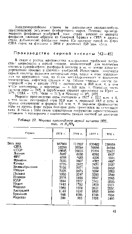 В связи с ростом производства минеральных удобрений возрастает потребность в серной кислоте, используемой для получения простого суперфосфата, фосфорной кислоты и на ее основе концентрированных простых и сложных удобрений. Источником получения серной кислоты являются самородная сера, пирит и сера, извлекаемая из природного газа, из газов металлургического и коксового производства, нефтяных сланцев и др. Общие мировые запасы самородной серы к началу 1976 г. оценивались в 869 млн. т, в том числе достоверные и вероятные — в 359 млн. т. Основная часть запасов серы — 74% в зарубежных странах приходится на Ирак — 37%, США — 17%, Чили — 11% и Мексику — 9% [42].