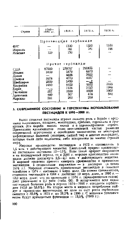 Более столетия пестициды играют важную роль в борьбе с вредными насекомыми, клещами, нематодами, грибами, сорняками и грызунами. Эта борьба внесла вклад и в здравоохранение страны. Применение ядохимикатов стало неотъемлемой частью развития современной агротехники и освободило человечество от некоторых инфекционных болезней (малярия, сыпной тиф и желтая лихорадка), которые были либо подавлены, либо искоренены во многих странах мира.