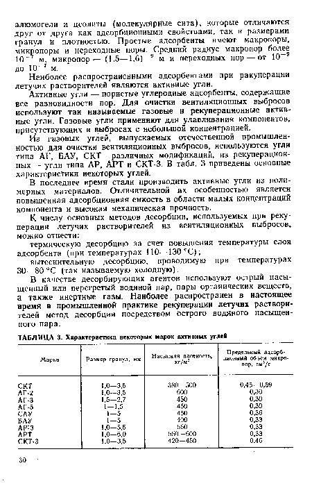 Активные угли — пористые углеродные адсорбенты, содержащие все разновидности пор. Для очистки вентиляционных выбросов используют так называемые газовые и рекуперационные активные угли. Газовые угли применяют для улавливания компонентов, присутствующих в выбросах с небольшой концентрацией.