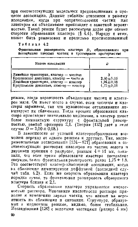 В зависимости от условий кластерообразования возможен переход от одного режима к другому. Так, экспериментальные исследования [124—127] образования в соответствующих растворах кластеров из частиц золота п двуокиси кремния с радиусом, равньш 4-М1 нм, показали, что если время образования кластера составляет секунды, то его фрактальная размерность равна 1,75 1,8. Это соответствует кластер-кластерной ассоциации, когда их сближение лимитируется диффузией (последний случай табл. 4.2). Если же скорость образования кластера порядка суток, то фрактальная размерность образуемого кластера близка к 2,1.