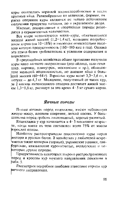 В приусадебных хозяйствах общее признание получили куры мясо-яичного направления (род-айланд, нью-гемп-шир, корниш, плимутрок, московские и др.), обладающие меньшей яйценоскостью, но дающие яйца с большей массой (60—64 г). Взрослые куры весят 3,3—3,6 кг, а петухи — до 4,3 кг. Молодняк, полученный от таких кур, за 2 месяца интенсивного откорма достигает живой массы 1,3—1,8 кг, расходуя за это время 4—5 кг сухого корма.