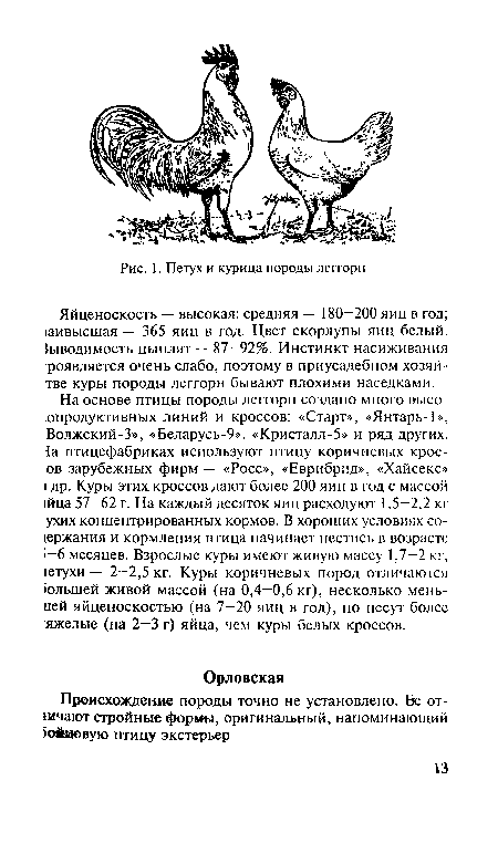 Яйценоскость — высокая: средняя — 180-200 яиц в год; 1аивысшая — 365 яиц в год. Цвет скорлупы яиц белый, выводимость цыплят — 87—92%. Инстинкт насиживания роявляется очень слабо, поэтому в приусадебном хозяй-тве куры породы леггорн бывают плохими наседками.