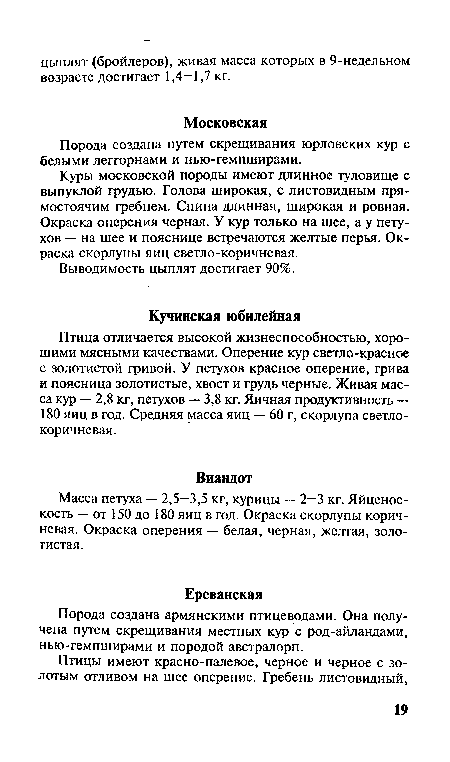 Масса петуха — 2,5—3,5 кг, курицы — 2—3 кг. Яйценоскость — от 150 до 180 яиц в год. Окраска скорлупы коричневая. Окраска оперения — белая, черная, желтая, золотистая.