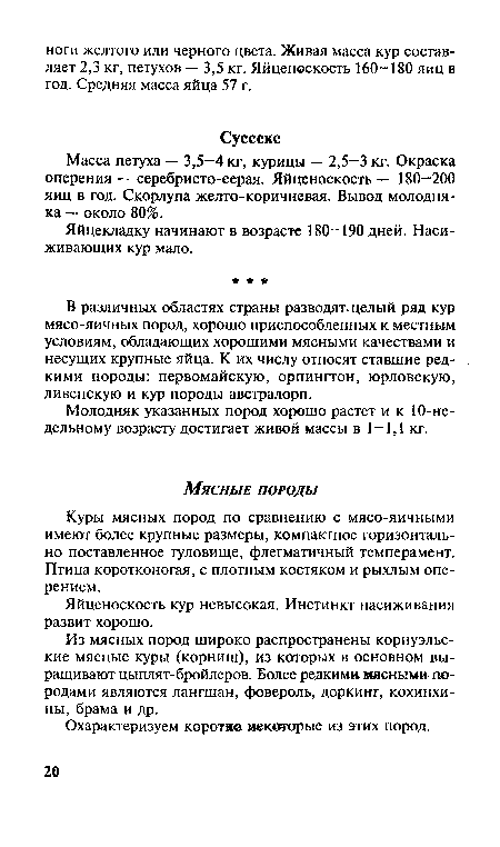 В различных областях страны разводят-целый ряд кур мясо-яичных пород, хорошо приспособленных к местным условиям, обладающих хорошими мясными качествами и несущих крупные яйца. К их числу относят ставшие редкими породы: первомайскую, орпингтон, юрловскую, ливенскую и кур породы австралорп.