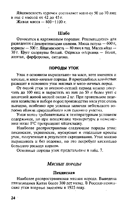 Уток в основном выращивают на мясо, хотя имеются и яичные, и мясо-яичные породы. В приусадебных хозяйствах разводят в основном уток мясных и мясо-яичных пород.