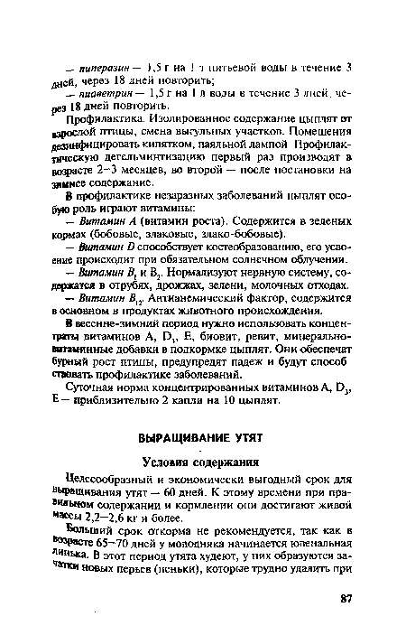 Целесообразный и экономически выгодный срок для выращивания утят — 60 дней. К этому времени при правильном содержании и кормлении они достигают живой массы 2,2—2,6 кг и более.