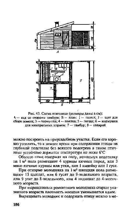 Обычно птиц содержат на полу, используя подстилку на 1 м2 пола размещают 4 курицы яичных пород, или 3 мясо-яичные курицы или утки, или 1 индейку или 1 гуся.