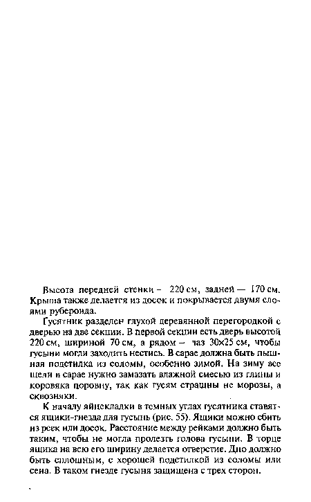 Гусятник разделен глухой деревянной перегородкой с дверью на две секции. В первой секции есть дверь высотой 220 см, шириной 70 см, а рядом — 1аз 30x25 см, чтобы гусыни могли заходить нестись. В сарае должна быть пышная подстилка из соломы, особенно зимой. На зиму все щели в сарае нужно замазать влажной смесью из глины и коровяка поровну, так как гусям страшны не морозы, а сквозняки.