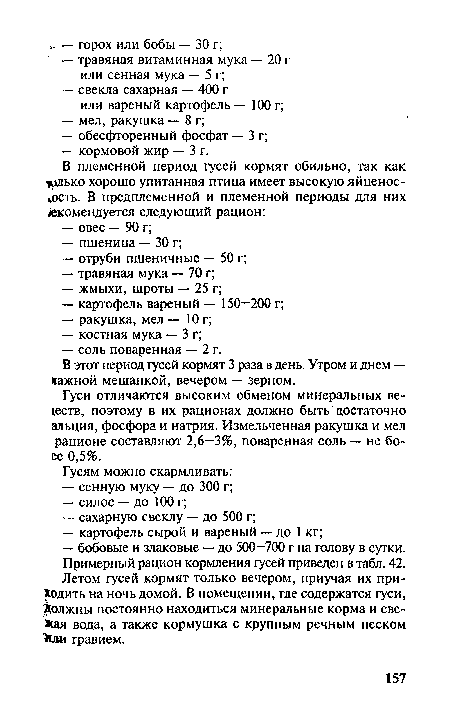 Гуси отличаются высоким обменом минеральных ве-1еств, поэтому в их рационах должно быть достаточно альция, фосфора и натрия. Измельченная ракушка и мел рационе составляют 2,6—3%, поваренная соль — не бо-ее 0,5%.