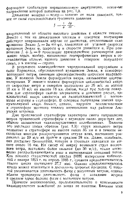 Для тропической стратосферы характерна смена направления ветров тропической стратосферы с периодом около двух-трех лет, обычно называемая «квазидвухлетними колебаниями». Явление это выглядит таким образом (рис. 1.3): струя западного ветра возникает в стратосфере на высоте около 35 км и в течение нескольких месяцев распространяется оттуда вниз, постепенно усиливаясь до 20 м/с на уровне в среднем 28 км. Далее, ослабевая, она достигает тропопаузы, которая в тропиках находится на высоте около 16 км. На смену ей вверху возникает струя восточного ветра, несколько более сильная (до 30 м/с), также постепенно распространяющаяся вниз и вытесняющая западный поток. Как показал статистический анализ [169] материалов наблюдений с января 1953 г. по апрель 1985 г., средняя продолжительность такого цикла составляет 27,7 мес. Однако продолжительность цикла может изменяться в достаточно широких пределах. С высотой увеличивается длительность фазы с восточным ветром, однако вблизи тропопаузы длительность фазы с западным ветром в среднем вдвое больше фазы с восточным ветром.