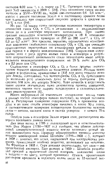 Много информации об изменениях содержания малых газов в разных частях атмосферы начало поступать во второй половине XX в. Регулярные измерения содержания СО2 в приземном воздухе и во всем столбе атмосферы начались в конце 50-х годов, а систематические измерения концентрации большинства важных газов — метана, оксидов азота и оксида углерода — с начала 70-х годов.