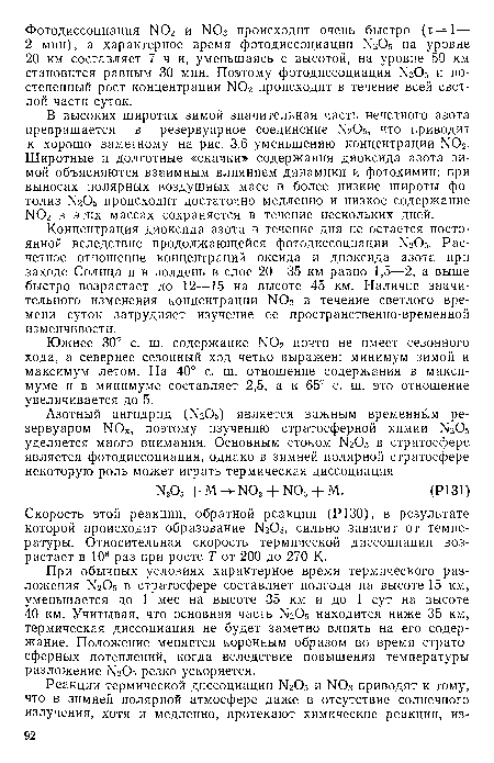 Скорость этой реакции, обратной реакции (Р130), в результате которой происходит образование N205, сильно зависит от температуры. Относительная скорость термической диссоциации возрастает в 106 раз при росте Т от 200 до 270 К.