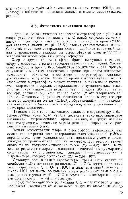 Общая концентрация хлора в стратосфере, выражаемая как сумма концентраций всех содержащих хлор соединений (СЮХ), определялась путем улавливания активированным углем с последующим нейтронно-активационным анализом. При этом на высоте около 20 км получено отношение смеси (2,7 — 3,2) • 10-9. Полученные результаты хорошо совпадают с оценкой по суммарному содержанию хлорорганических соединений — источников хлора в тропосфере, которые составляют (2,4 — 2,8) • 10 9.