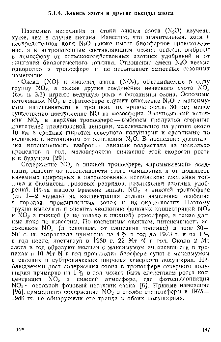 Наземные источники и стоки закиси азота (N20) изучены хуже, чем в случае метана. Известно, что значительная, хотя и неопределенная доля N20 также имеет биосферное происхождение, а к антропогенным составляющим можно отнести выбросы в атмосферу от сельскохозяйственных азотных удобрений и от сжигания биологического топлива. Отношение смеси N20 весьма однородно в тропосфере и не испытывает заметных сезонных изменений.