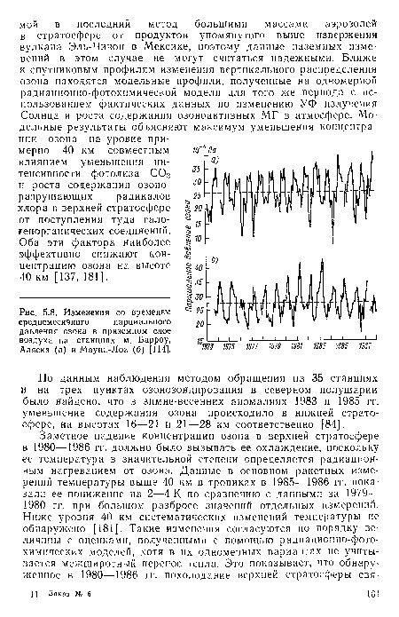 По данным наблюдения методом обращения на 35 станциях и на трех пунктах озонозондирования в северном полушарии было найдено, что в зимне-весенних аномалиях 1983 и 1985 гг. уменьшение содержания озона происходило в нижней стратосфере, на высотах 16—21 и 21—28 км соответственно [84].