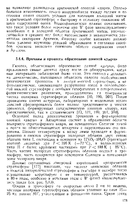 Гипотез, объясняющих образование данной «дыры», было предложено свыше десятка сразу после ее обнаружения, когда еще материалов наблюдений было мало. Эти гипотезы делились на динамические, пытавшиеся объяснить явление особенностями динамических процессов в антарктической стратосфере, и на фотохимические, связывающие разрушение озона в околополюсной нижней стратосфере с особыми газофазными и гетерогенными фотохимическими реакциями, происходящими на поверхности частиц полярных стратосферных облаков [30, 199, 201]. После проведения многих натурных, лабораторных и модельных исследований сформировалось более полное представление о многих процессах, формирующих антарктическую озонную «дыру», как фотохимических, так и динамических [73, 181, 199, 201, 204].