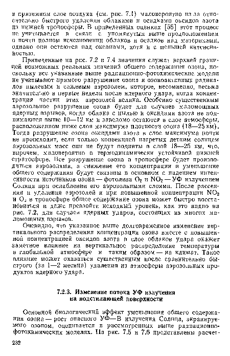 Приведенные на рис. 7.2 и 7.4 значения служат верхней границей возможных реальных значений общего содержания озона, поскольку все указанные выше радиационно-фотохимические модели не учитывают прямого разрушения озона и озоноактивных радикалов пылевым и сажевым аэрозолем, которое, несомненно, весьма значительно в первые недели после ядерного удара, когда концентрация частиц этих аэрозолей велика. Особенно существенным аэрозольное разрушение озона будет для случаев маломощных ядерных взрывов, когда облака с пылью и оксидами азота не поднимаются выше 10—12 км и заведомо остаются в слое атмосферы, расположенном ниже слоя максимума плотности озона (18—25 км). Тогда разрушение озона оксидами азота в слое максимума почти не происходит, если только конвекцией нагретых летним солнцем аэрозольных масс они не будут подняты в слой 18—25 км, что, впрочем, маловероятно в термодинамически устойчивой нижней стратосфере. Все разрушение озона в тропосфере будет производиться аэрозолями, а снижение его концентрации и уменьшение общего содержания будут связаны в основном с падением интенсивности источников озона — фотолиза 02 и Ы02 — УФ излучением Солнца при ослаблении его аэрозольными слоями. После рассеяния и удаления аэрозолей и при повышенной концентрации N02 и Оз в тропосфере общее содержание озона может быстро восстановиться и даже превзойти исходный уровень, как это видно на рис. 7.2, для случаев ядерных ударов, состоящих из многих маломощных взрывов.