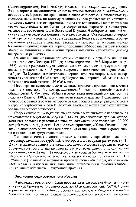 Современные тенденции изменения почв степи связаны с переходом от максимально гумидного периода ХП-Х1У вв. (по некоторым данным он продолжался дольше) к условиям меньшей увлажненности последних 100-200 лет (Иванов, 1992; Дёмкин, 1997; Александровский, 20026). Отсюда и признаки некоторого роста засоленности почв степи, увеличения карбонатнос-ти и снижения их гумусированности.