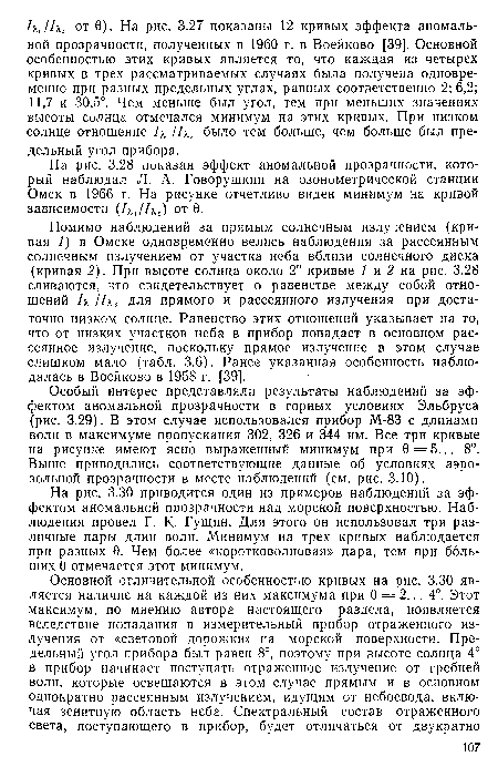 На рис. 3.30 приводится один из примеров наблюдений за эффектом аномальной прозрачности над морской поверхностью. Наблюдения провел Г. К. Гущин. Для этого он использовал три различные пары длин волн. Минимум на трех кривых наблюдается при разных 0. Чем более «коротковолновая» пара, тем при больших 0 отмечается этот минимум.