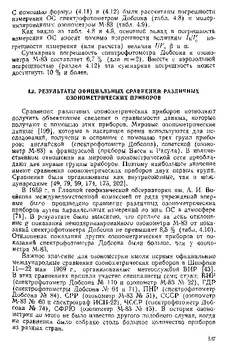 В 1959 г. в Главной геофизической обсерватории им. А. И. Воейкова междуведомственной комиссией от ряда учреждений впервые было произведено сравнение различных озонометрических приборов путем параллельных измерений по ним ОС в атмосфере [71]. В результате было выяснено, что среднее за день отклонение g показаний немодернизированного озонометра М-83 от показаний спектрофотометра Добсона не превышает 8,5 % (табл. 4.10). Отклонения показаний других озонометрических приборов от показаний спектрофотометра Добсона были больше, чем у озонометра М-83.