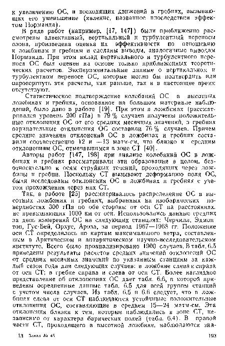 Авторы работ [147, 198] при анализе колебаний ОС в ложбинах и гребнях рассматривали эти образования в целом, безотносительно к осям струйных течений, проходящих через ложбины и гребни. Поскольку СТ вызывают деформацию поля ОС, были исследованы отклонения ОС в ложбинах и гребнях с учетом прохождения через них СТ.