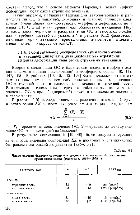 Вопрос о связи поля ОС с барическим полем атмосферы возник с самого начала исследований атмосферного озона [40, 112, 147, 168]. В работах [19, 40, 112, 168] было показано, что в наземных циклонах в среднем наблюдаются повышенные значения ОС в тыловой части и пониженные значения в передней части. В наземных антициклонах в среднем наблюдаются повышенные значения ОС в правой (передней) части и пониженные значения в левой части.