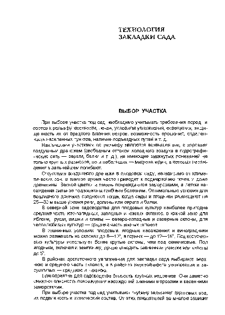 Благоприятна для садоводства близость крупных водоемов. Они заметно снижают опасность повреждения насаждений зимними морозами и весенними заморозками.